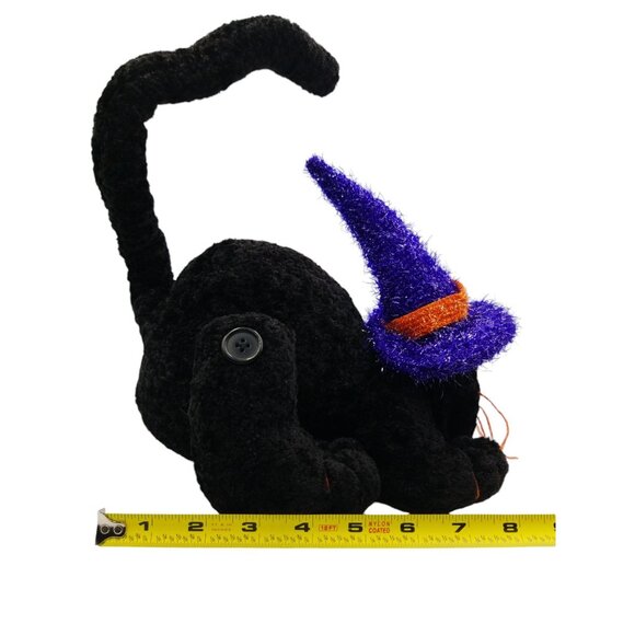 Halloween Black Cat Plush With Purple & Orange Witch Hat Posable Tail - Picture 9 of 16